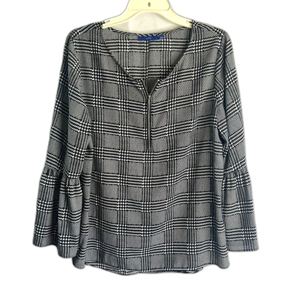 Apt 9 Black Houndstooth Pattern 1/2 Zip Long Bell Sleeve Blouse Sz LG